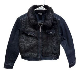 FUBU Faux Fur Cropped Denim Jean Jacket